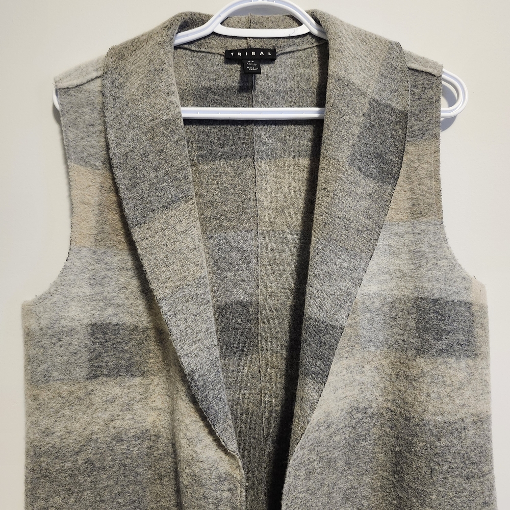 Sweater Long Plaid Sleeveless Wool  Gray Beige Checkered Mid Thigh Duster